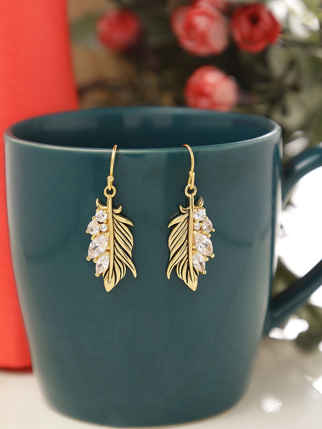 

DIAVO Gold Plated 925 Sterling Silver CZ Studded Contemporary Drop Earrings