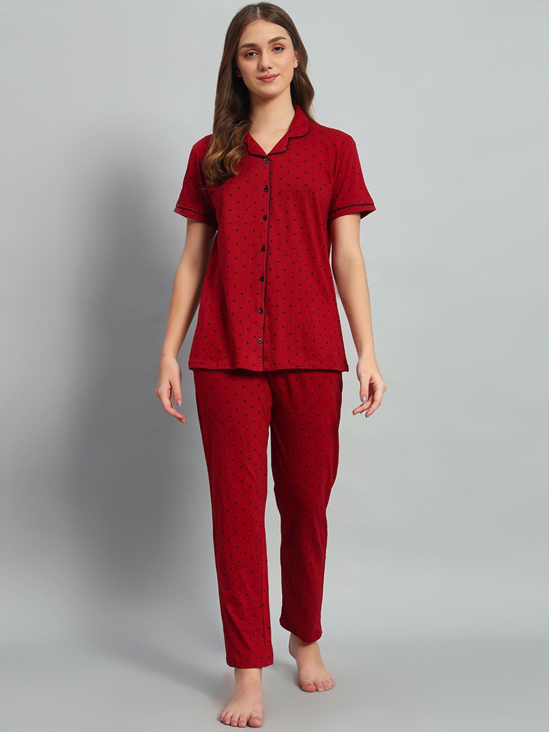 

SEPHANI Women Pure Cotton Polka Dot Printed Night suit, Red