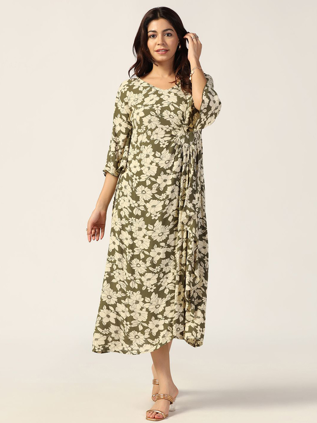

Mustard Women Floral Printed A-Line Midi Dress, Green