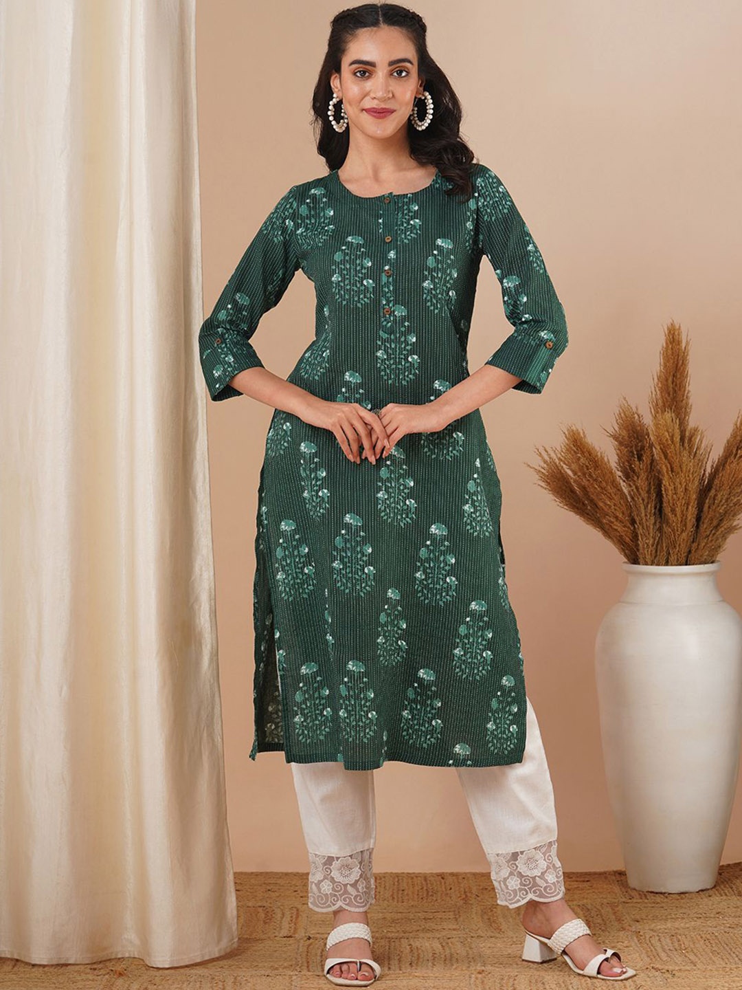

FASHOR Women Ethnic Motifs Printed Kurta, Green