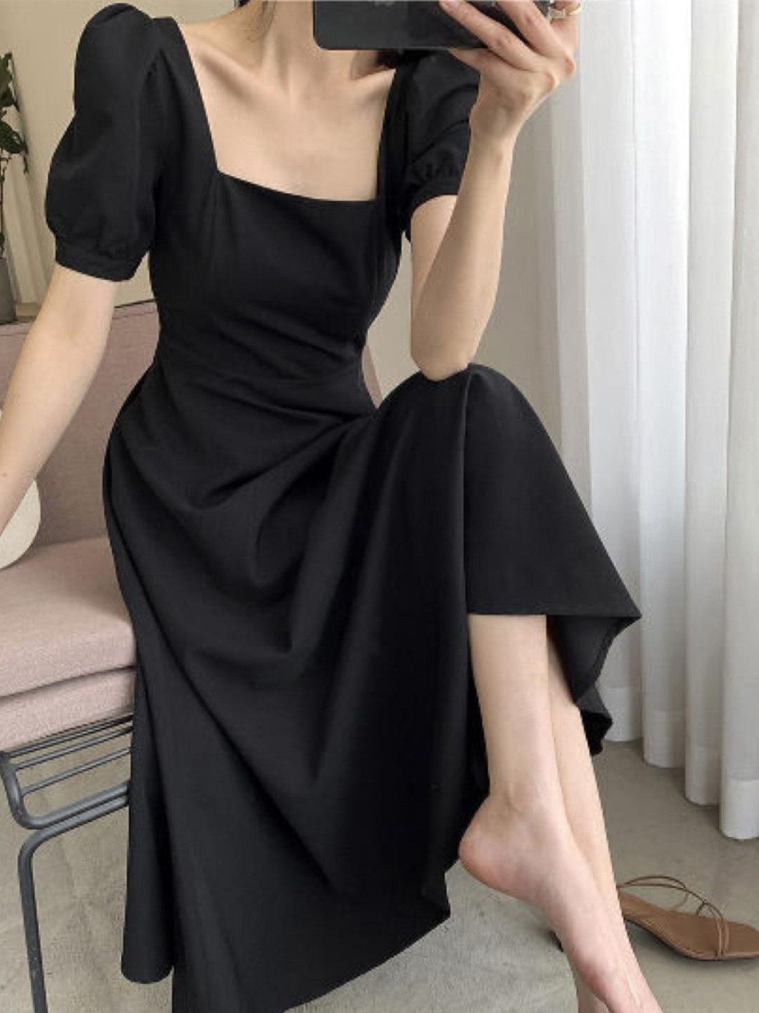 

StyleCast Puff Sleeve A-Line Midi Dress, Black