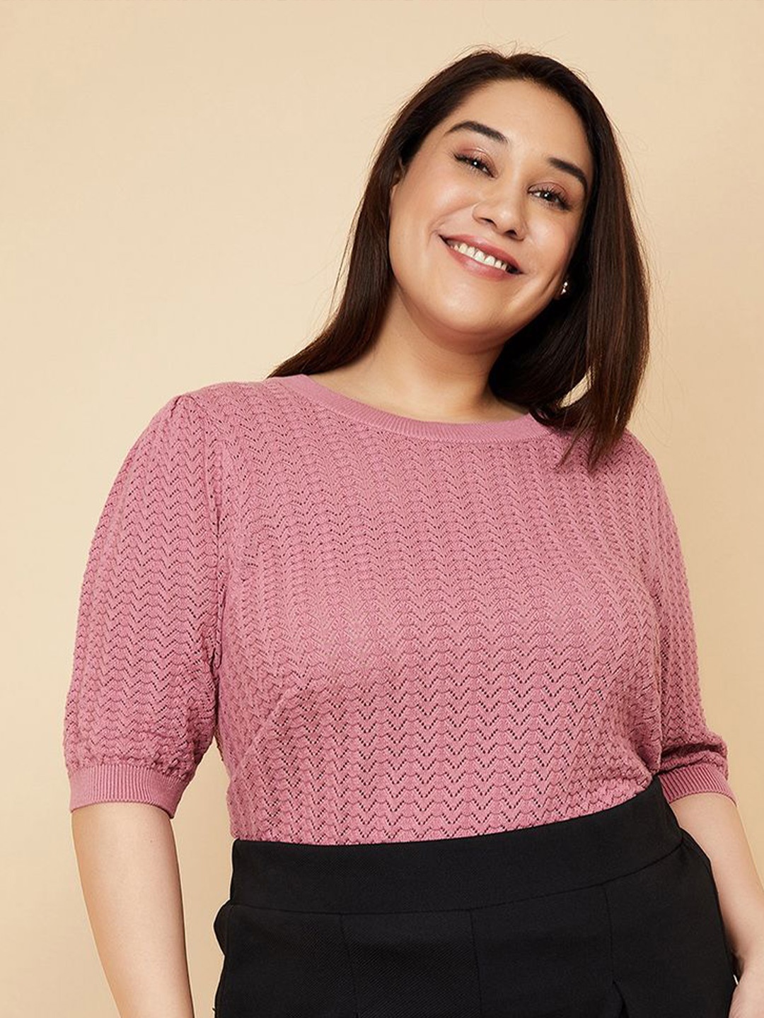 

max Women Plus Size Puff Sleeve Round Neck Top, Pink