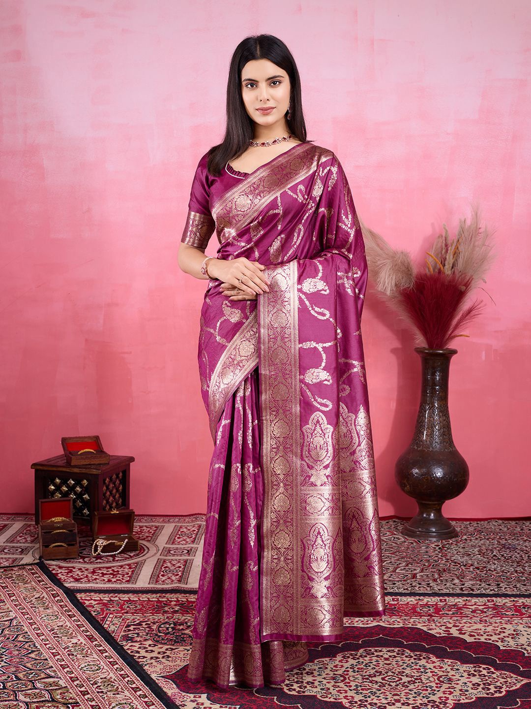 

V3 FASHION STUDIO Ethnic Motifs Zari Pure Silk Banarasi Saree, Purple