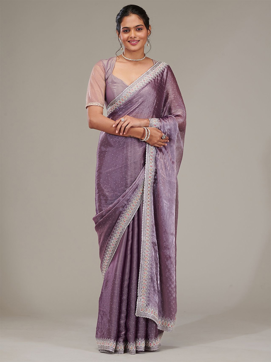 

Koskii Beads and Stones Poly Chiffon Designer Saree, Purple