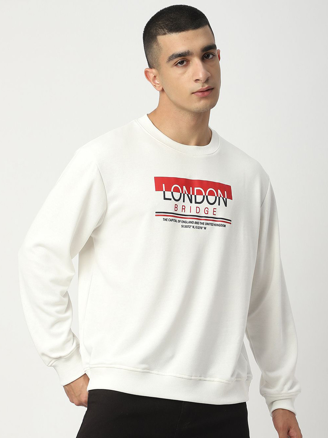 

R&B Men Printed Round Neck Sweatshirt, White