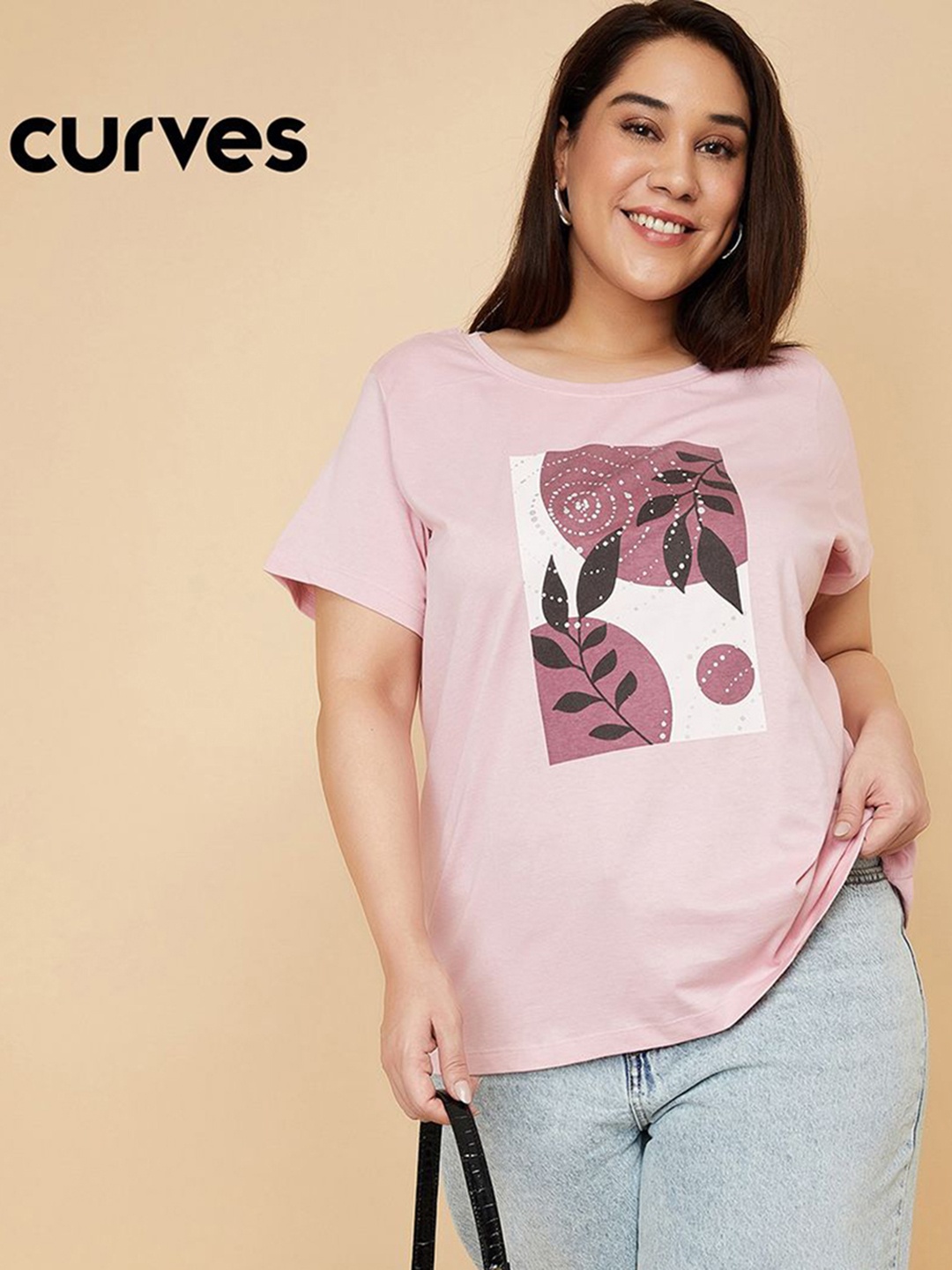

max Women Printed Raw Edge T-shirt, Pink