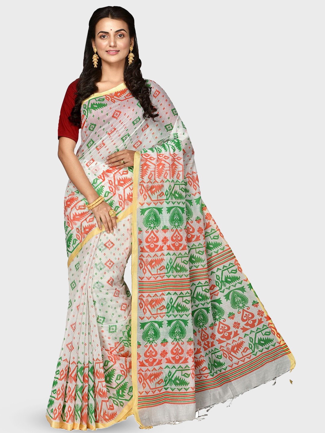 

Crochetin Ethnic Motifs Silk Cotton Ready to Wear Saree, White