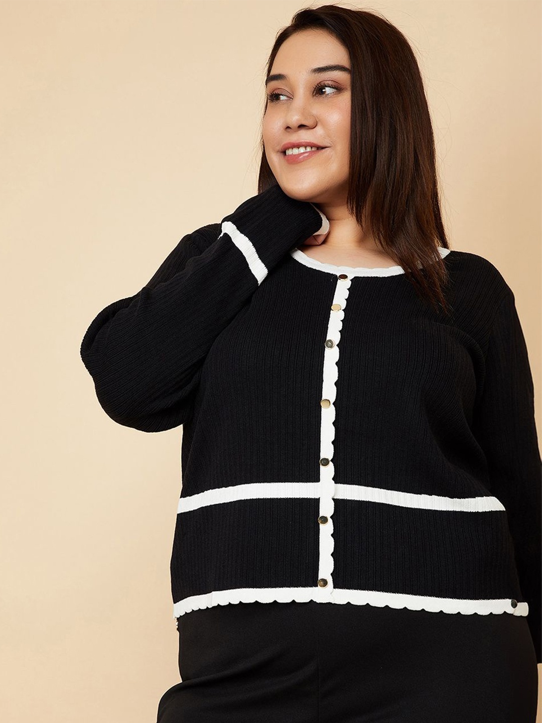 

max Women Round Neck Cardigan Sweaters, Black