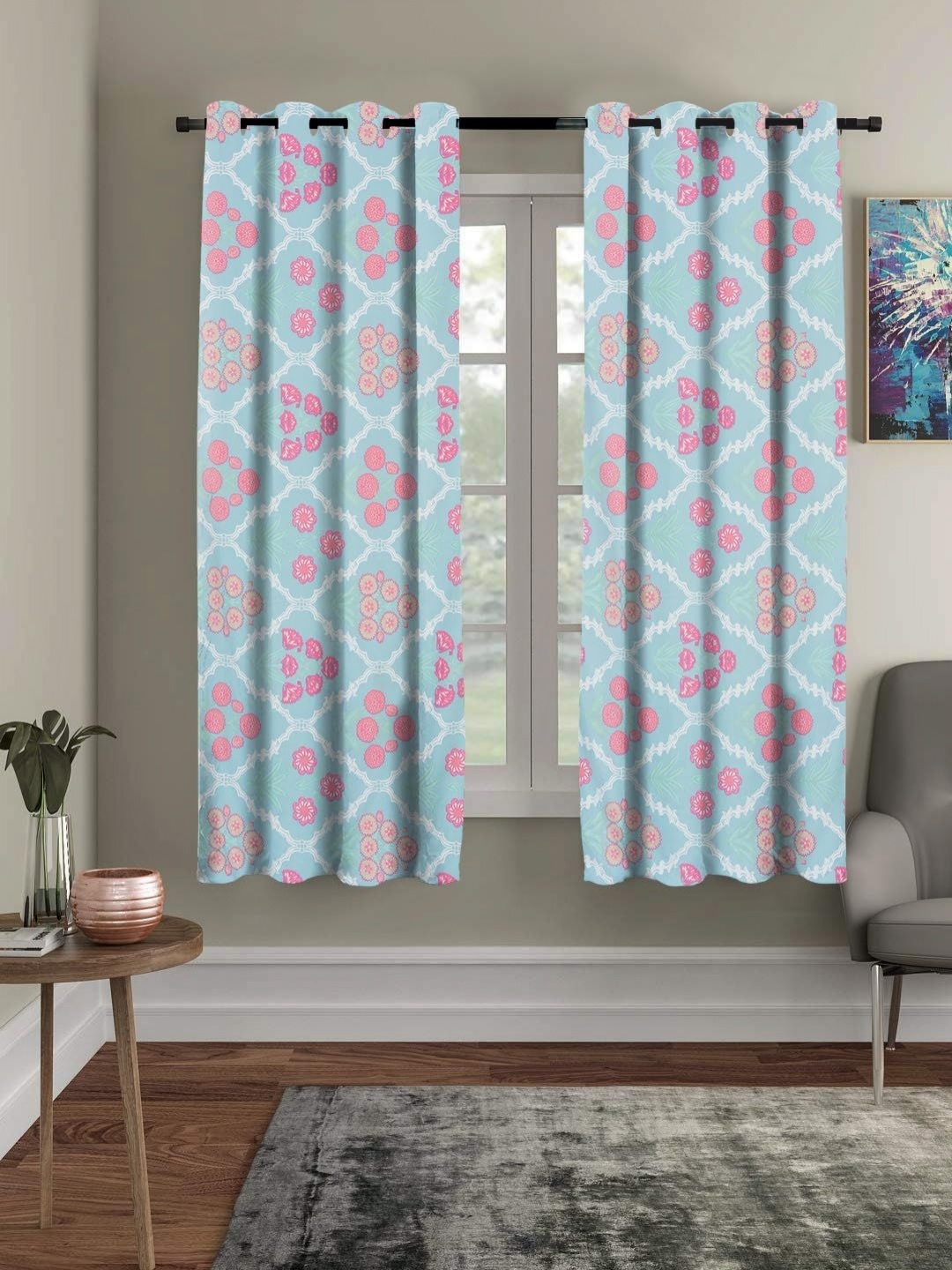

Myntra Elegant Homes Blue & Pink Set of 2 Floral Black Out Window Curtains