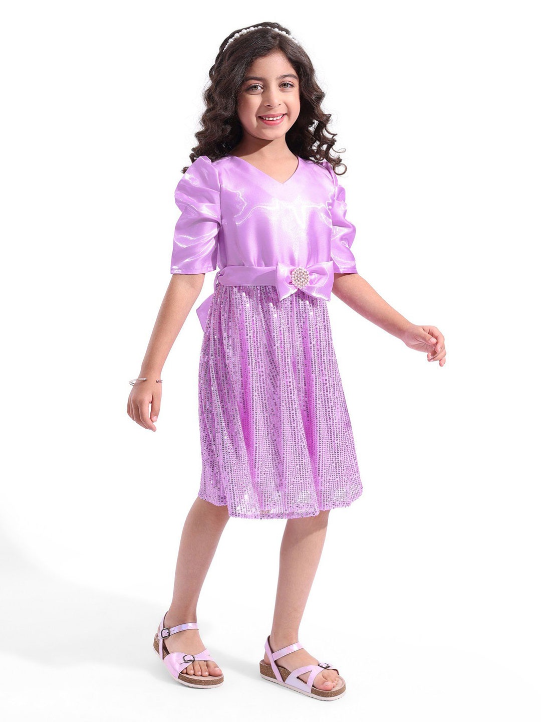 

Hola Bonita Girls Embellished Sequined Fit & Flare Dress Comes with a Bow & belt, Lavender