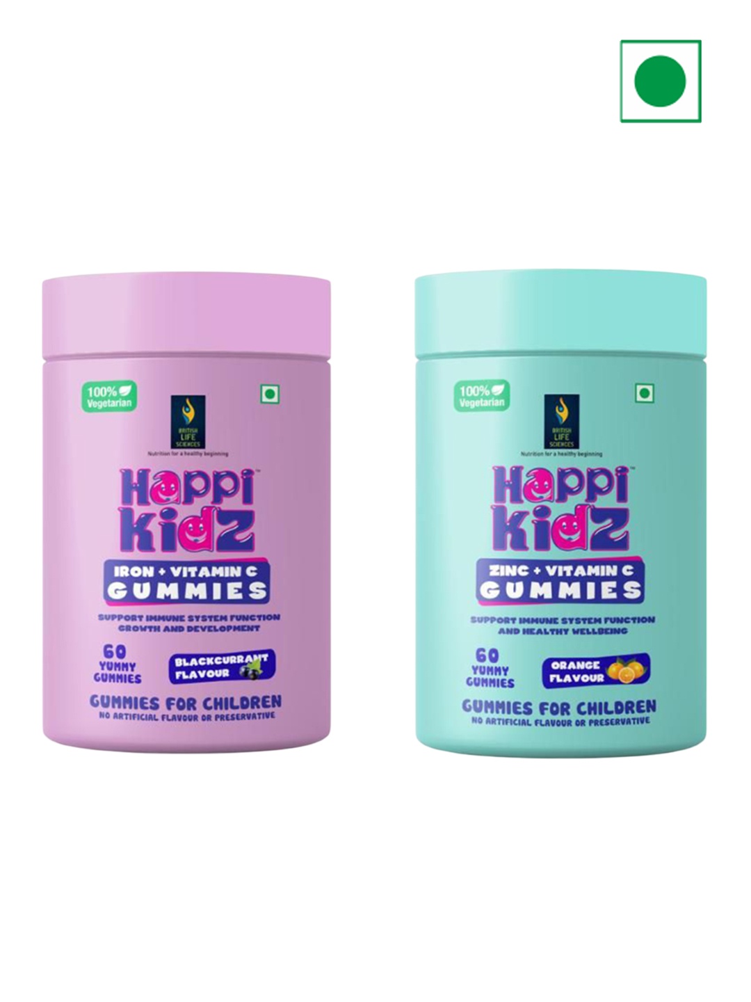 

British Life Sciences Set Of 2 Zinc + Vitamin C & Happi Kids Iron Gummies - 60 Each, White