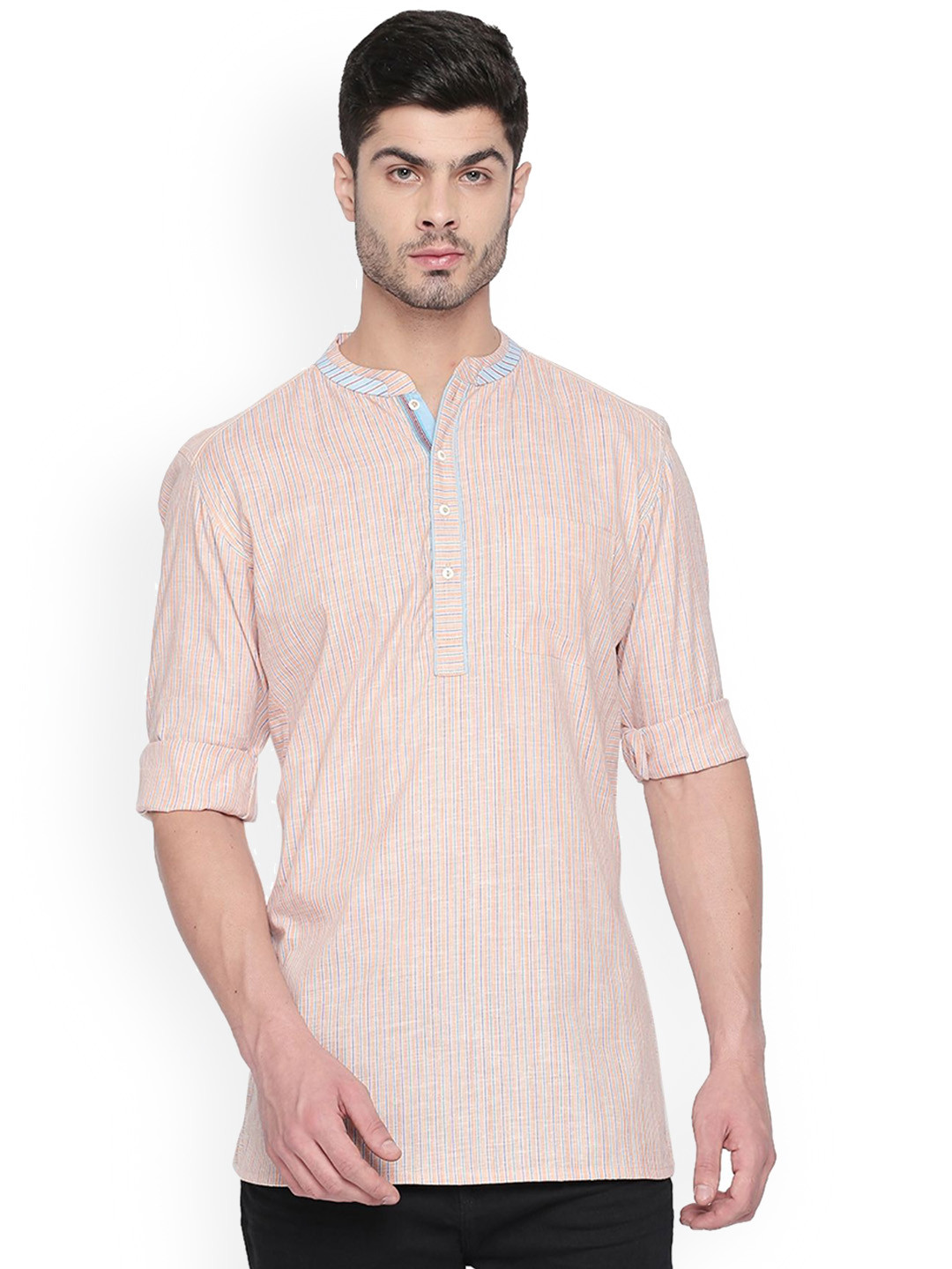 

ARCHATTIRE Men Checked Thread Work Kurta, Orange