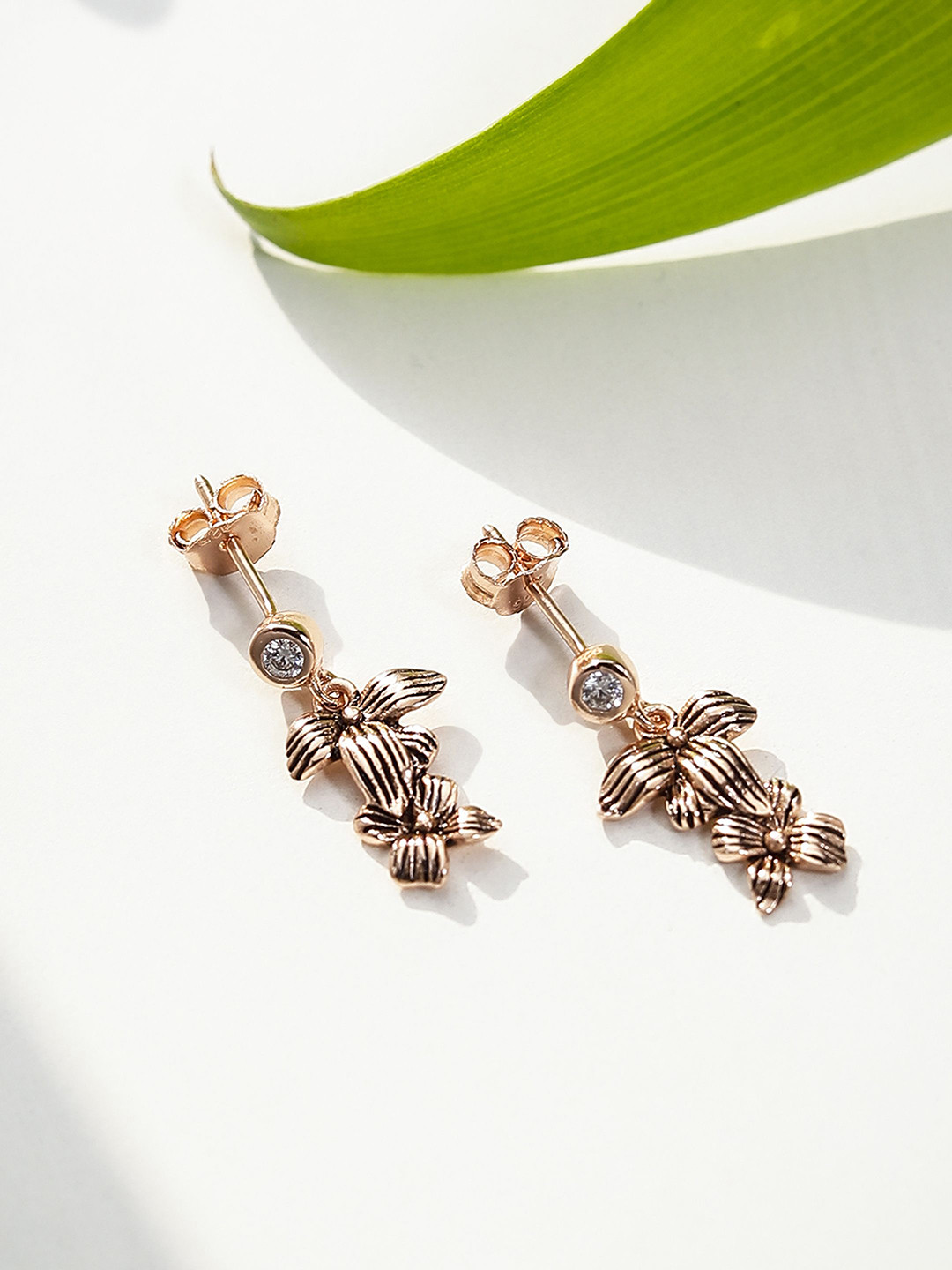 

DIAVO Women Rose Gold Plated Floral Detail Drop Earrings