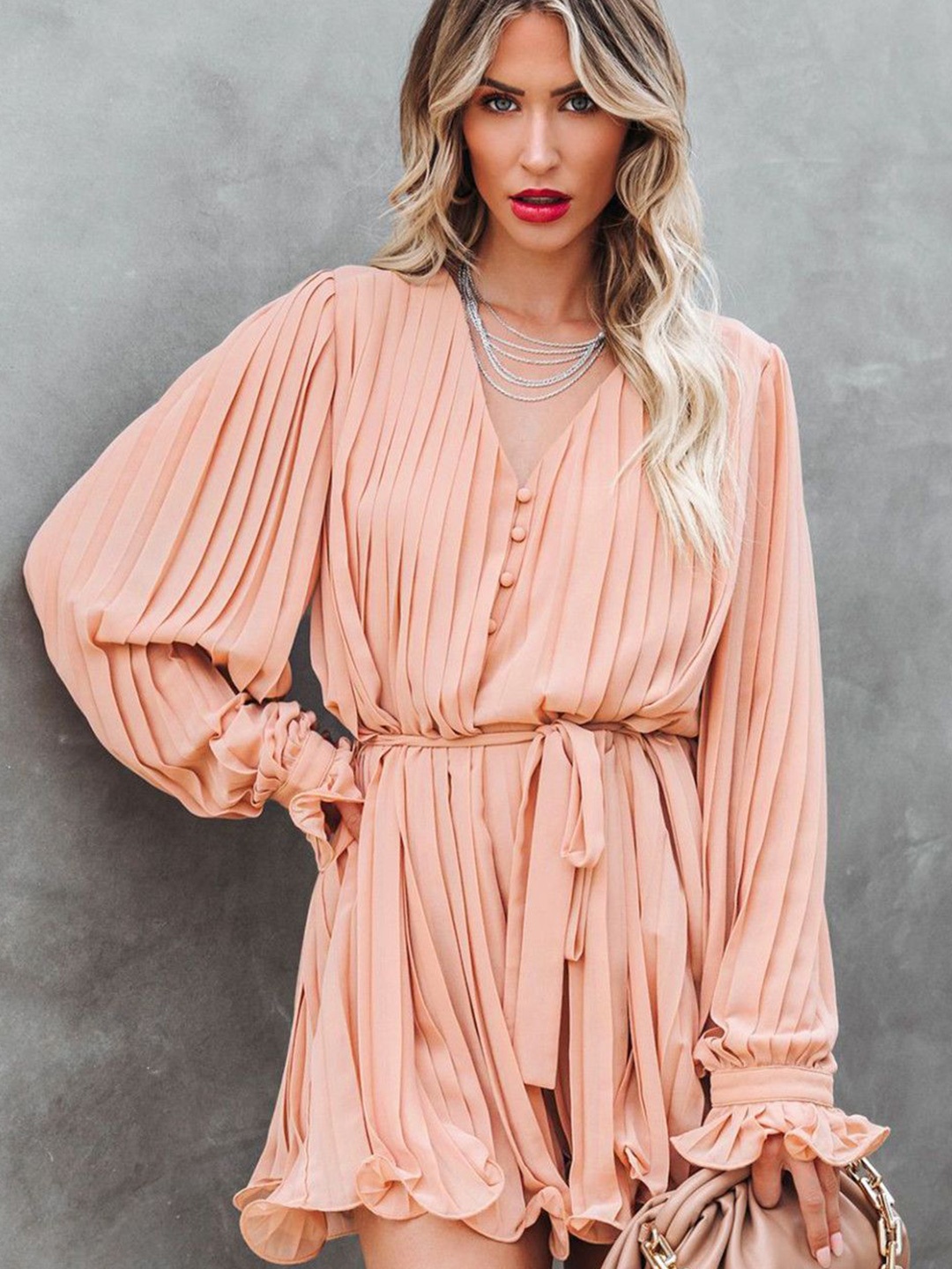 

StyleCast Women V-Neck Long Sleeves Playsuit, Peach