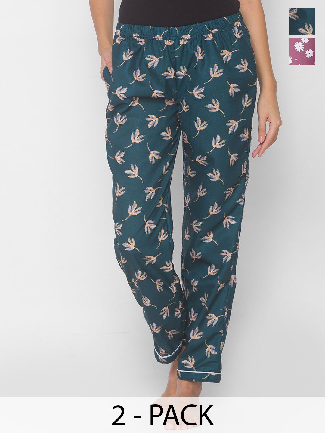 

FashionRack Women Pack Of 2 Printed Mid- Rise Lounge Pants, Green