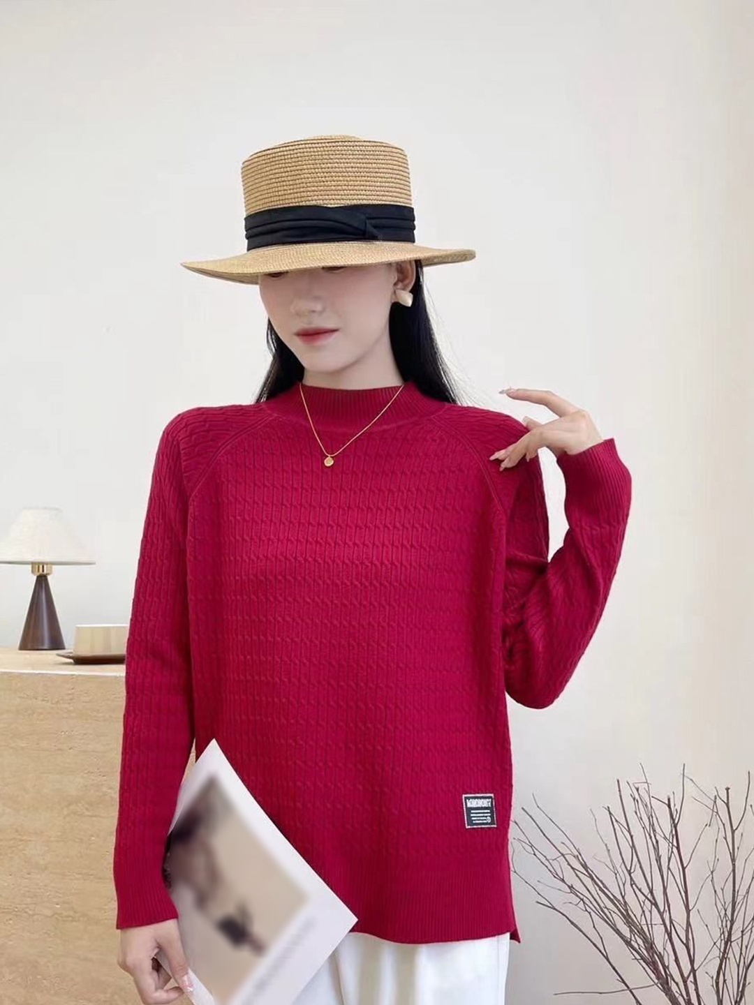 

KPOP Women Round Neck Long Sleeves Top, Burgundy