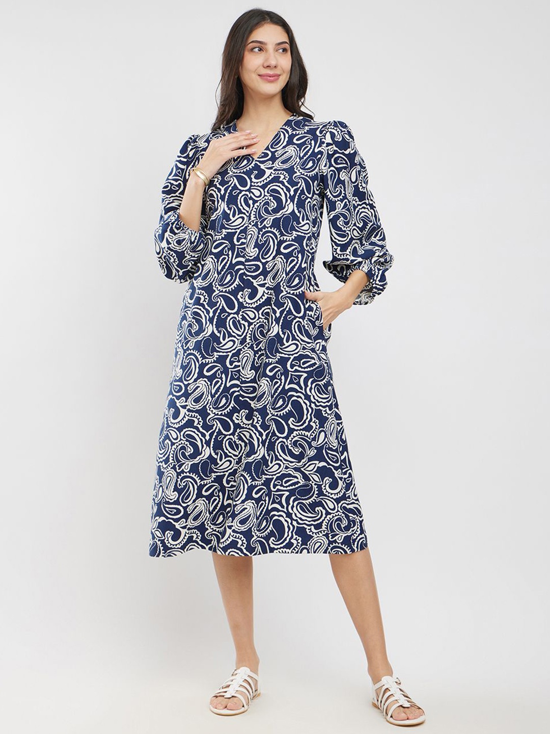 

Pink Fort Ethnic Motifs Print A-Line Midi Dress, Navy blue
