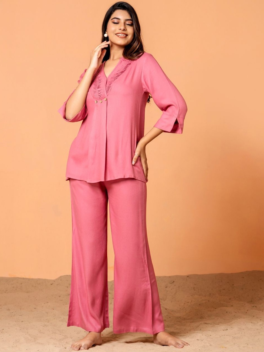 

Kaftanize Mandarin Collar Embellished Top with Trouser, Pink