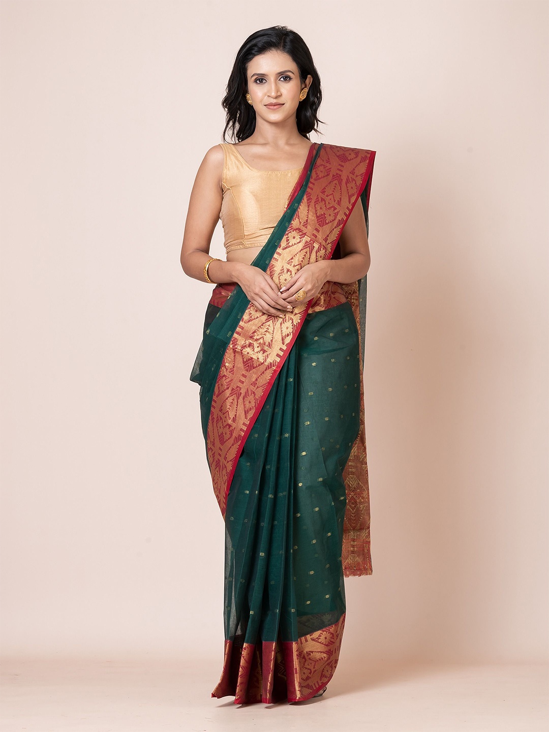 

PUKU Woven Design Ethnic Motifs Zari Pure Cotton Taant Saree, Green