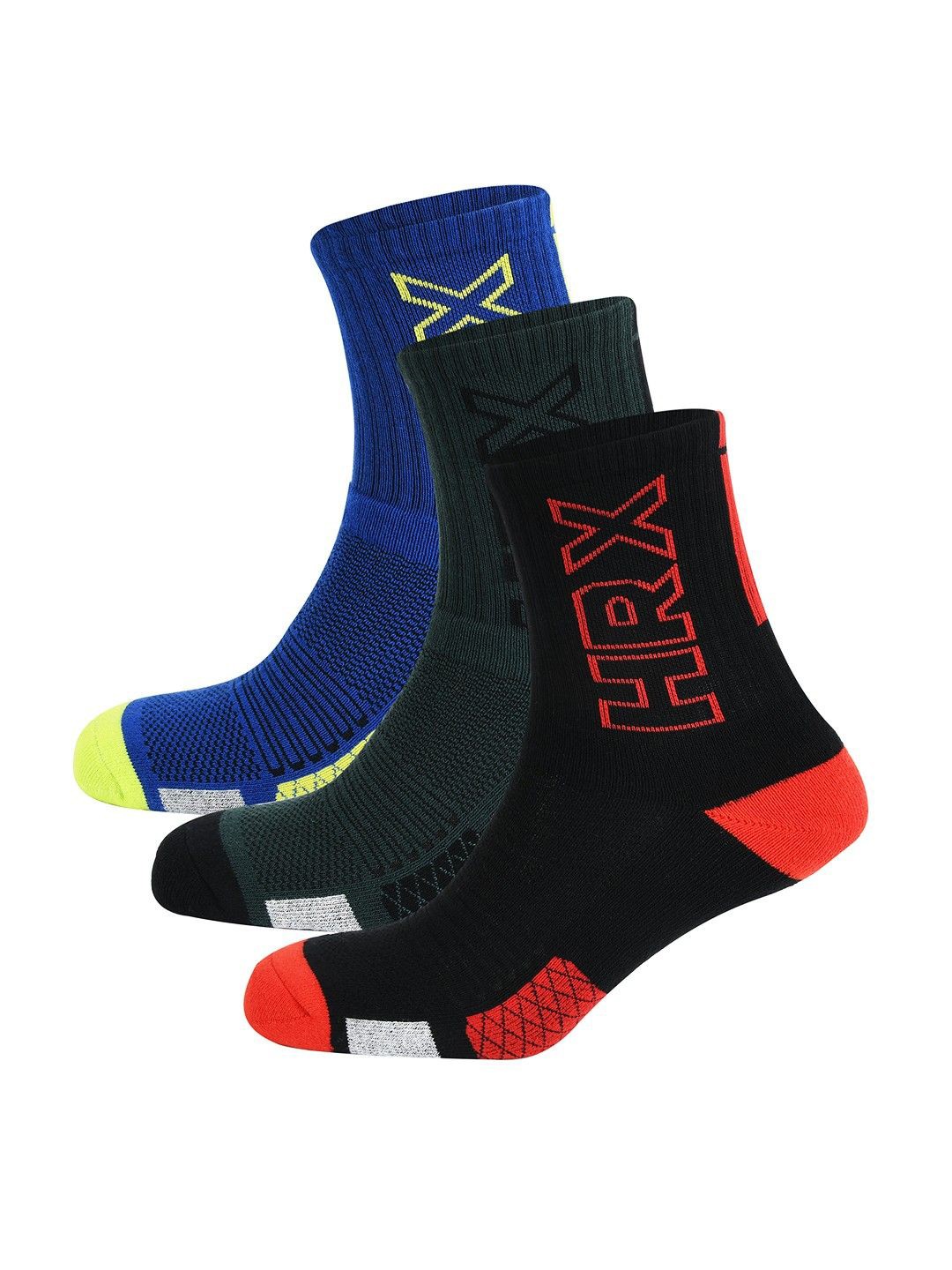 

HRX by Hrithik Roshan Men Pack Of 3 Patterned Cotton Calf Length Socks, Blue
