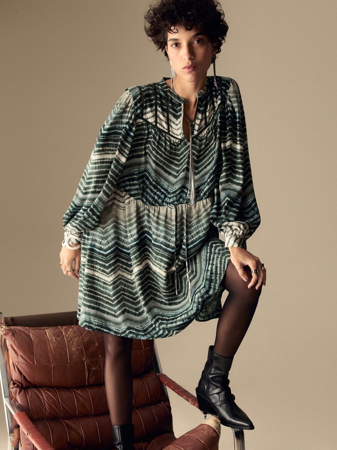 

Marks & Spencer Women Printed Mandarin Collar Cuffed Sleeves Dress, Green