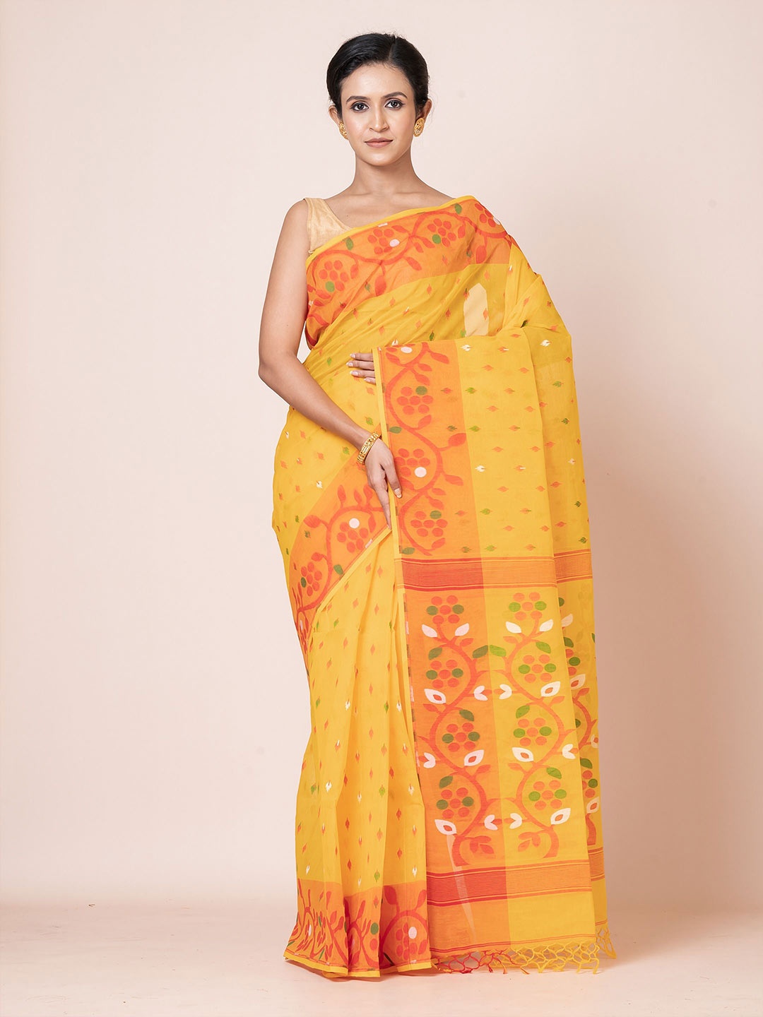 

PUKU Ethnic Motifs Woven Design Pure Cotton Jamdani Saree, Yellow
