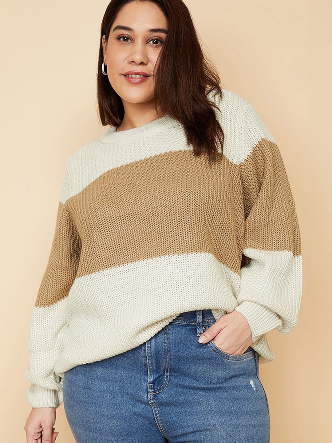 

max Women Plus Size Colourblocked Pullover Sweaters, Brown