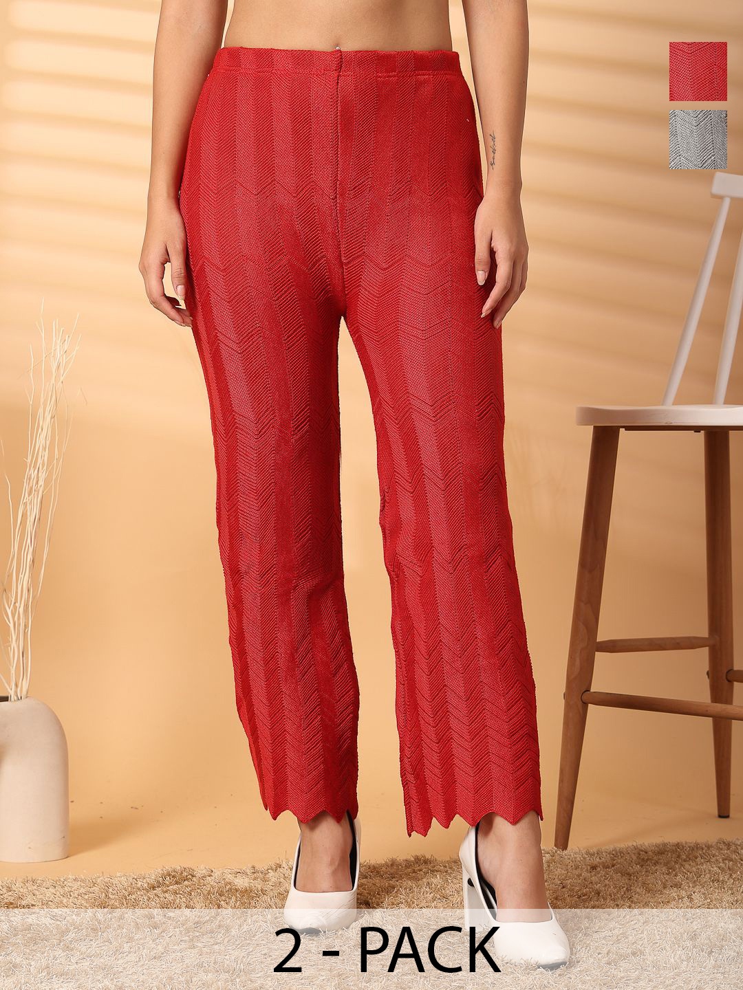 

Clora Creation Women Set Of 2 Hem Design Palazzos, Red