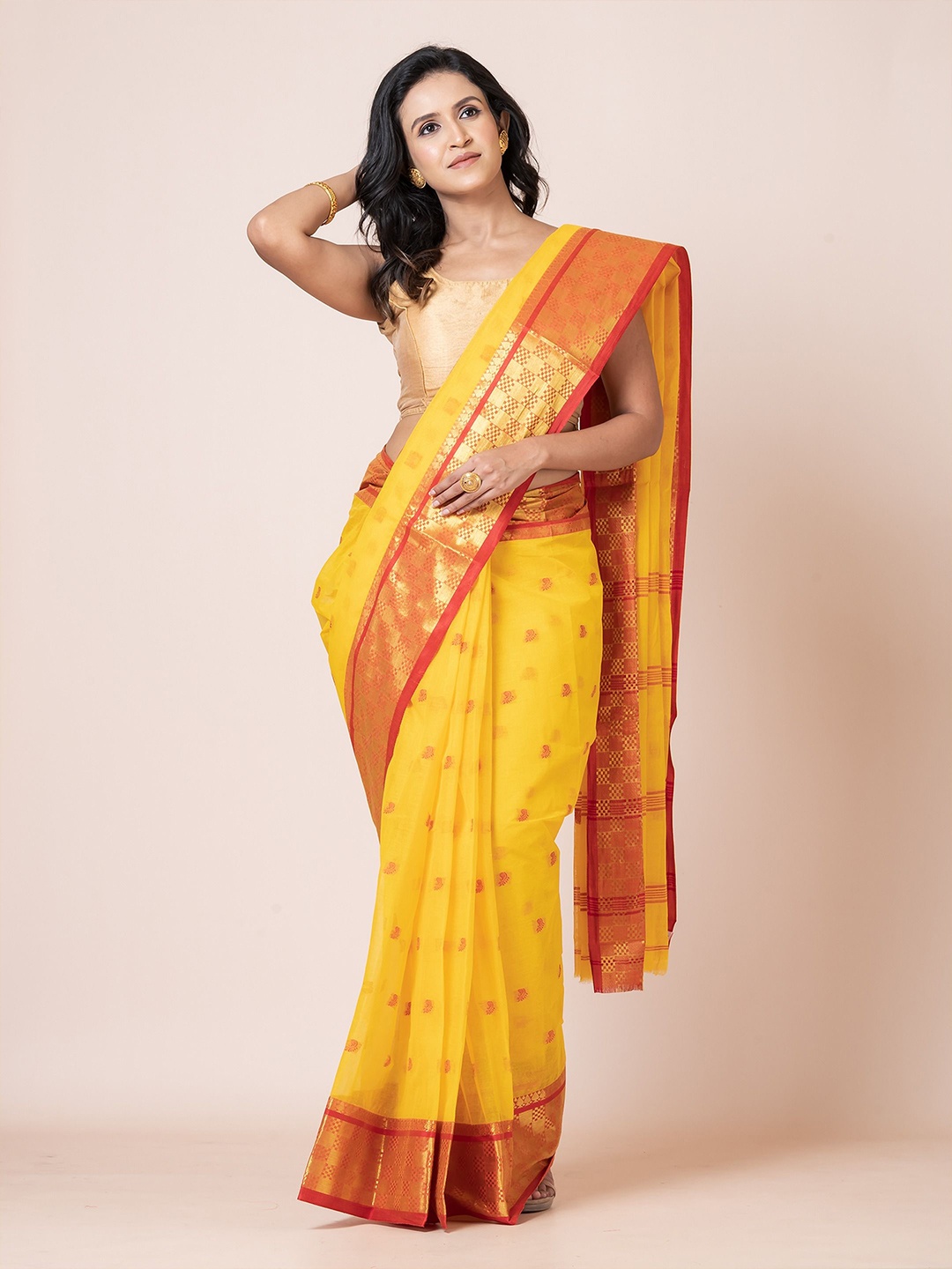 

PUKU Ethnic Motifs Woven Design Zari Pure Cotton Saree, Yellow