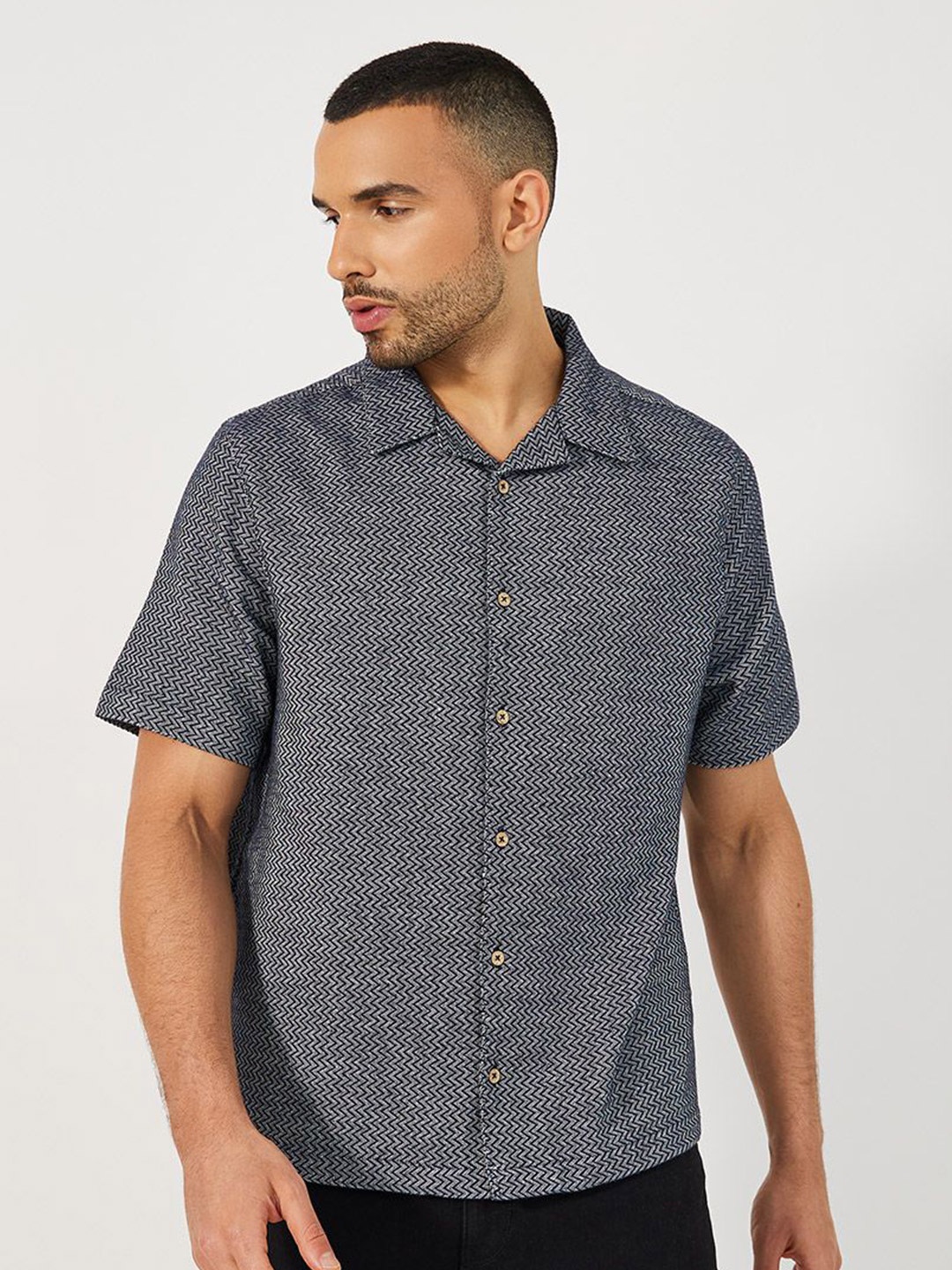 

Styli Relaxed Fit Geometric Self Design Resort Collar Casual Shirt, Black