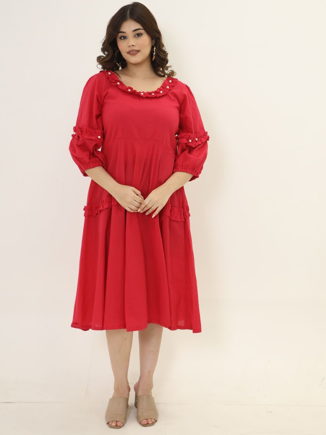 

Swadeshi Shringaar Women Puff Sleeves A-Line Cotton Midi Dress, Red