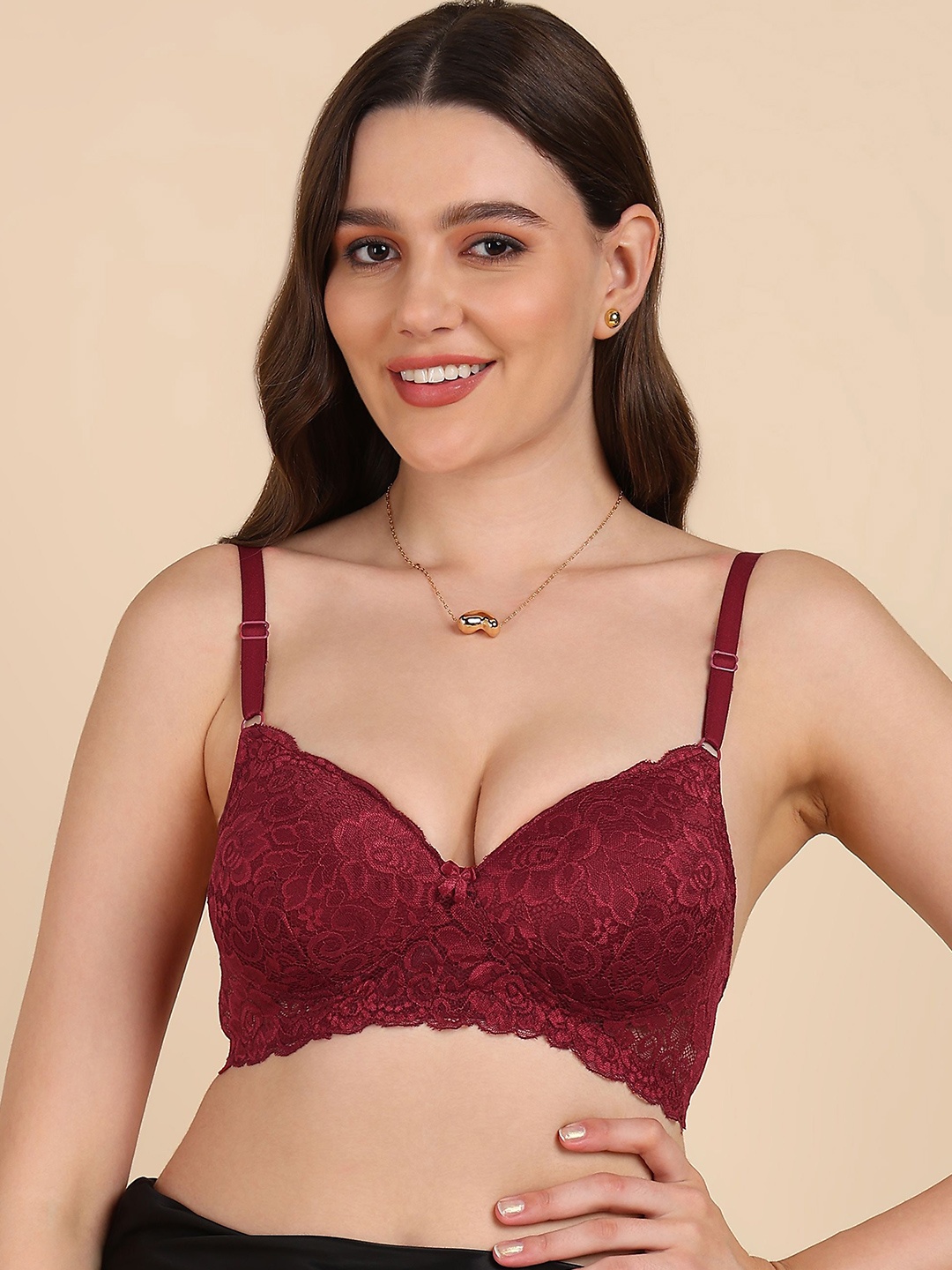 

DressBerry Floral Lace Full Coverage Lightly Padded Bralette Bra, Burgundy