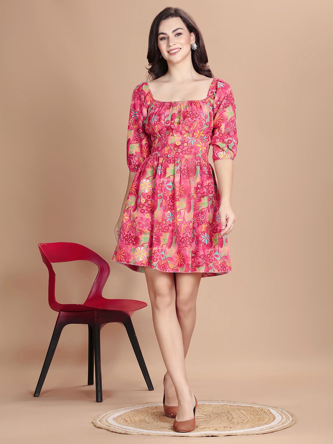 

ADDYVERO Women Floral Printed Puff Sleeve Fit & Flare Dress, Pink