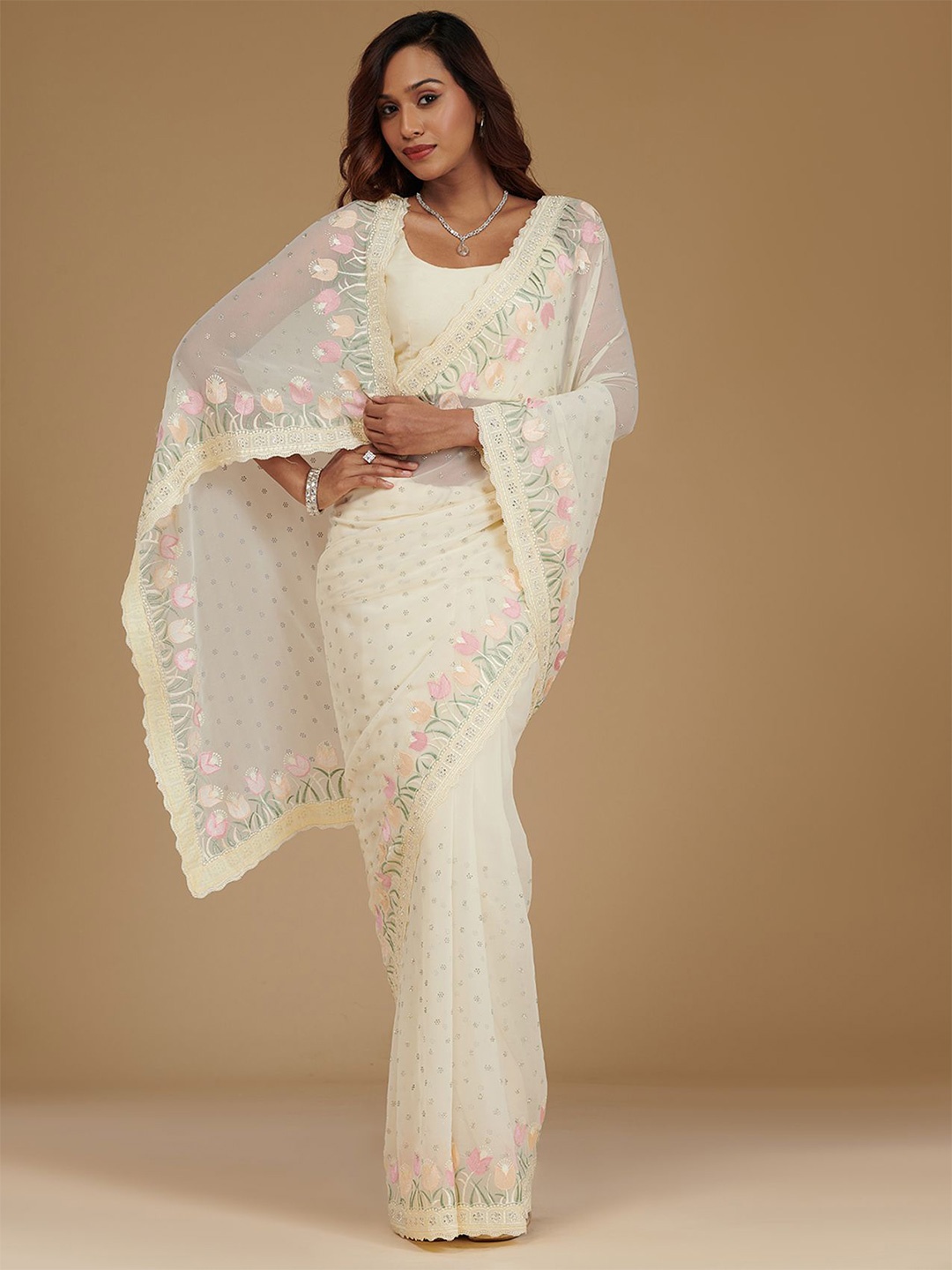 

Koskii Embroidered Poly Georgette Saree, White
