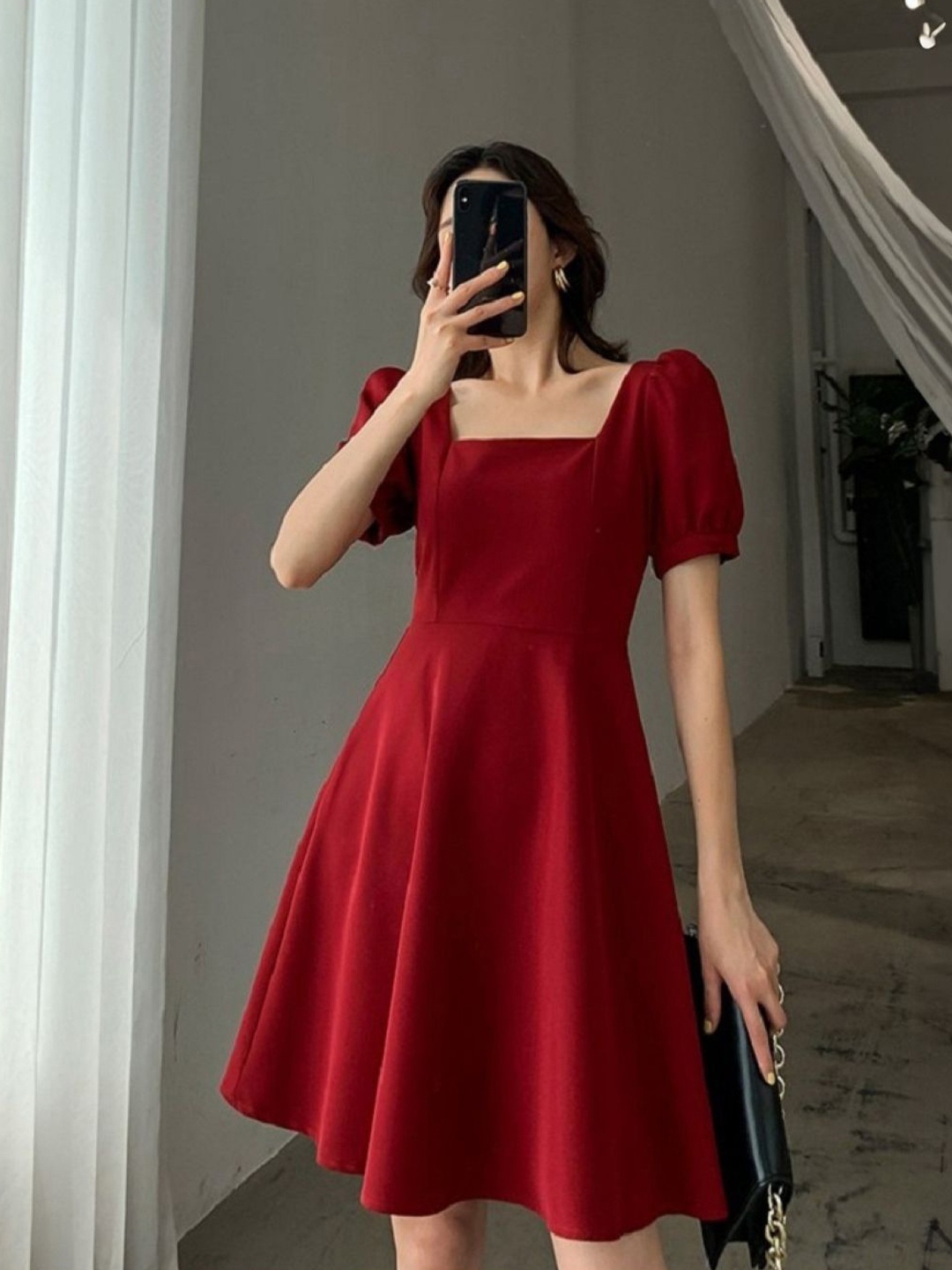 

StyleCast Puff Sleeve A-Line Midi Dress, Red