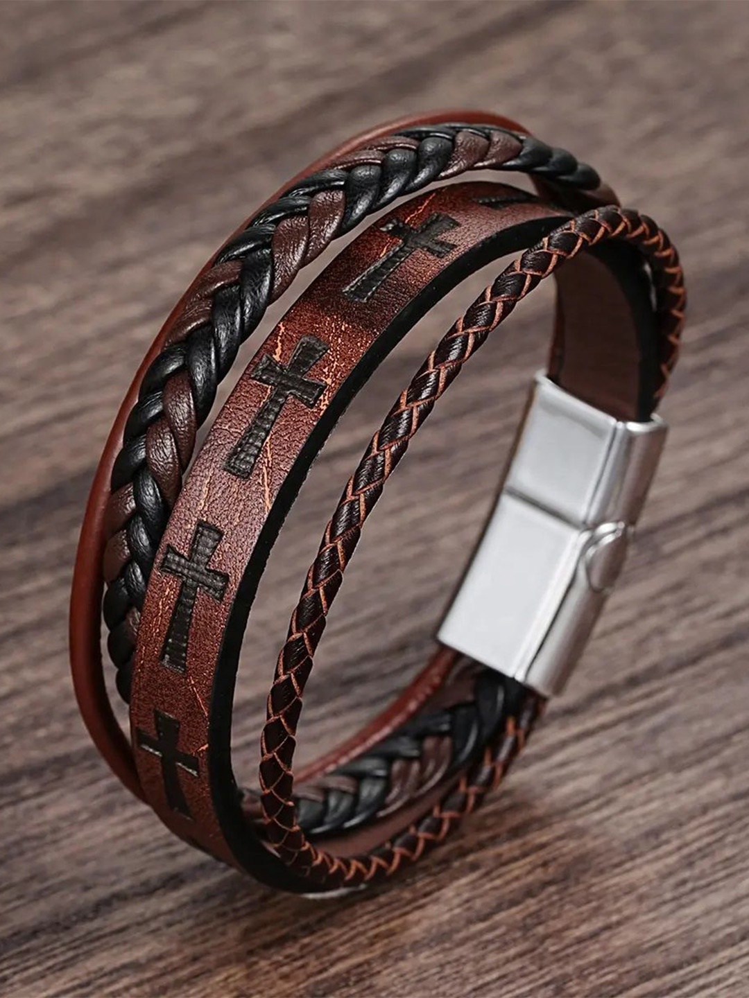 

MEENAZ Men Leather Oxidised Silver-Plated Multistrand Bracelet