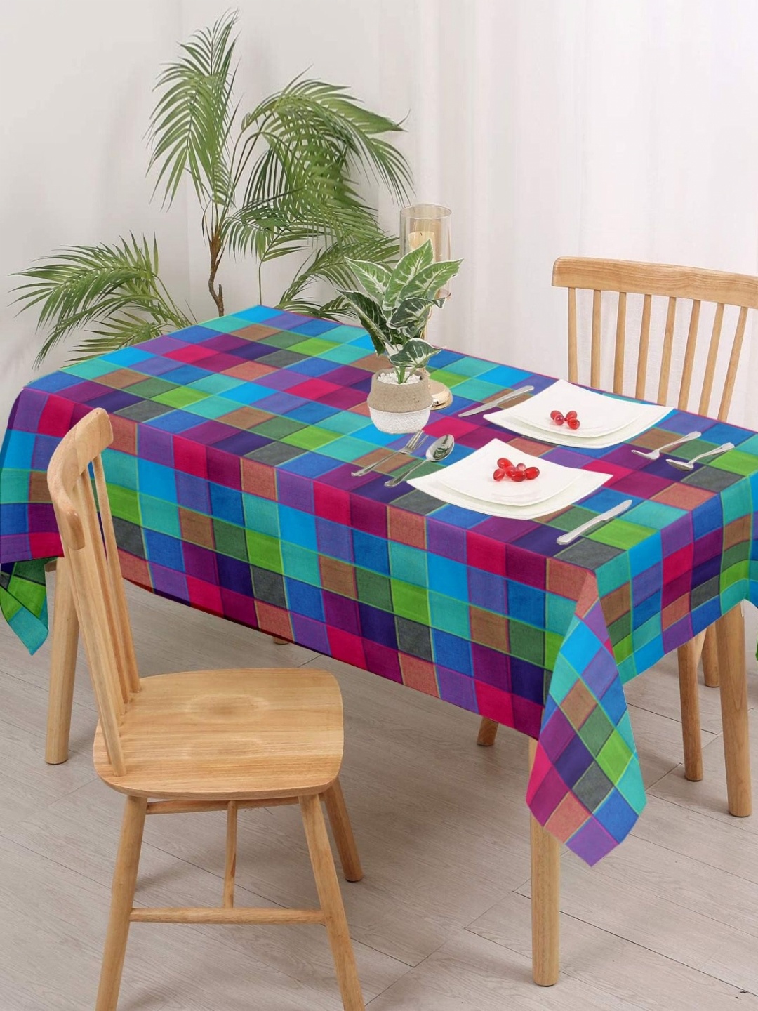 

Lushomes Blue & Pink Checked Cotton 6-Seater Table Cover