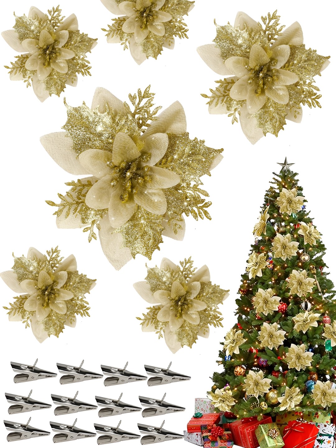 

TIED RIBBONS Set Of 12 Yellow & Cream Artificial Poinsettia Flower With Clip, Gold
