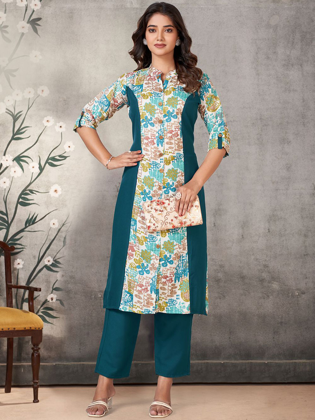 

KALINI Women Ethnic Motifs Printed Regular Kurta with Trousers, Green