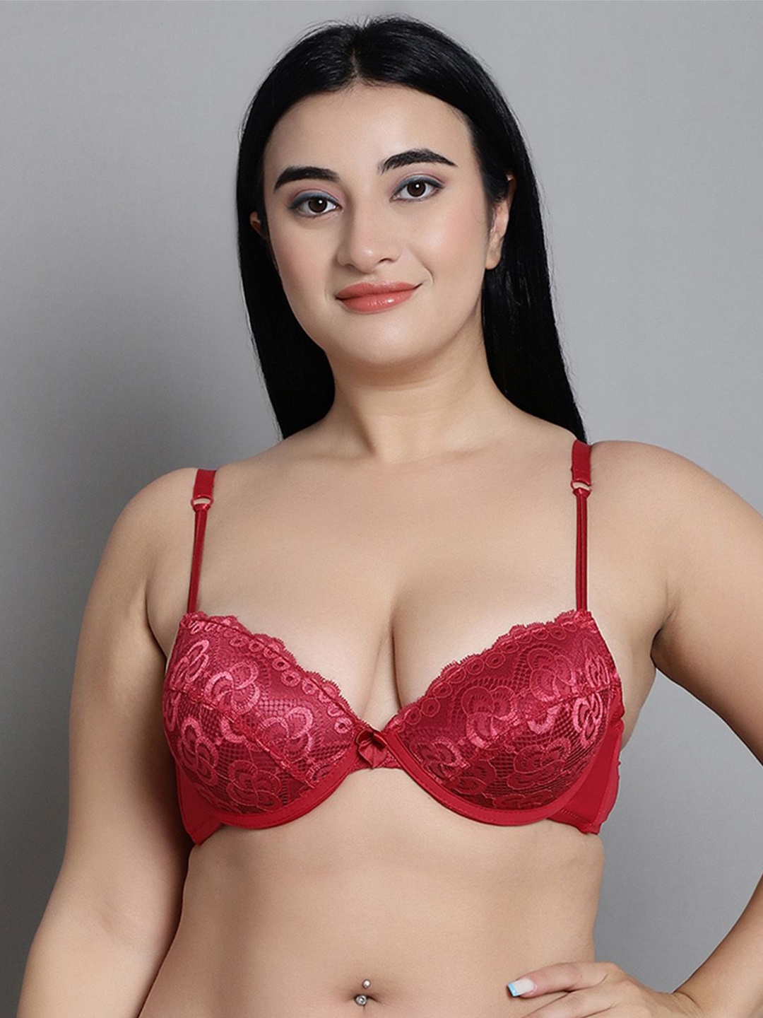 

MAKCLAN Women Plunge Floral Medium Coverage Underwired Lightly Padded Bra, Red