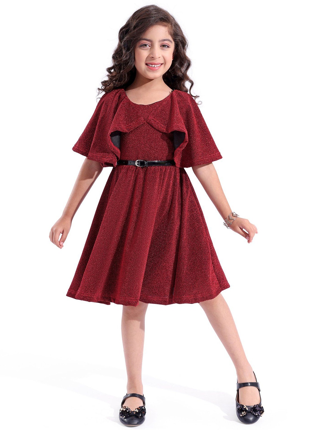 

Hola Bonita Girls Embellished Gathered Knee Length Glittered Dress Comes with a belt, Red