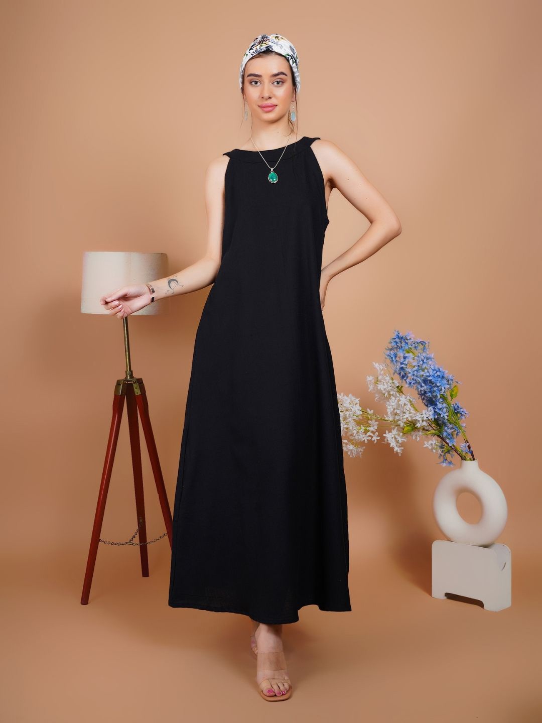 

Boholyfe Women Sleeveless A-Line Cotton Maxi Dress, Black