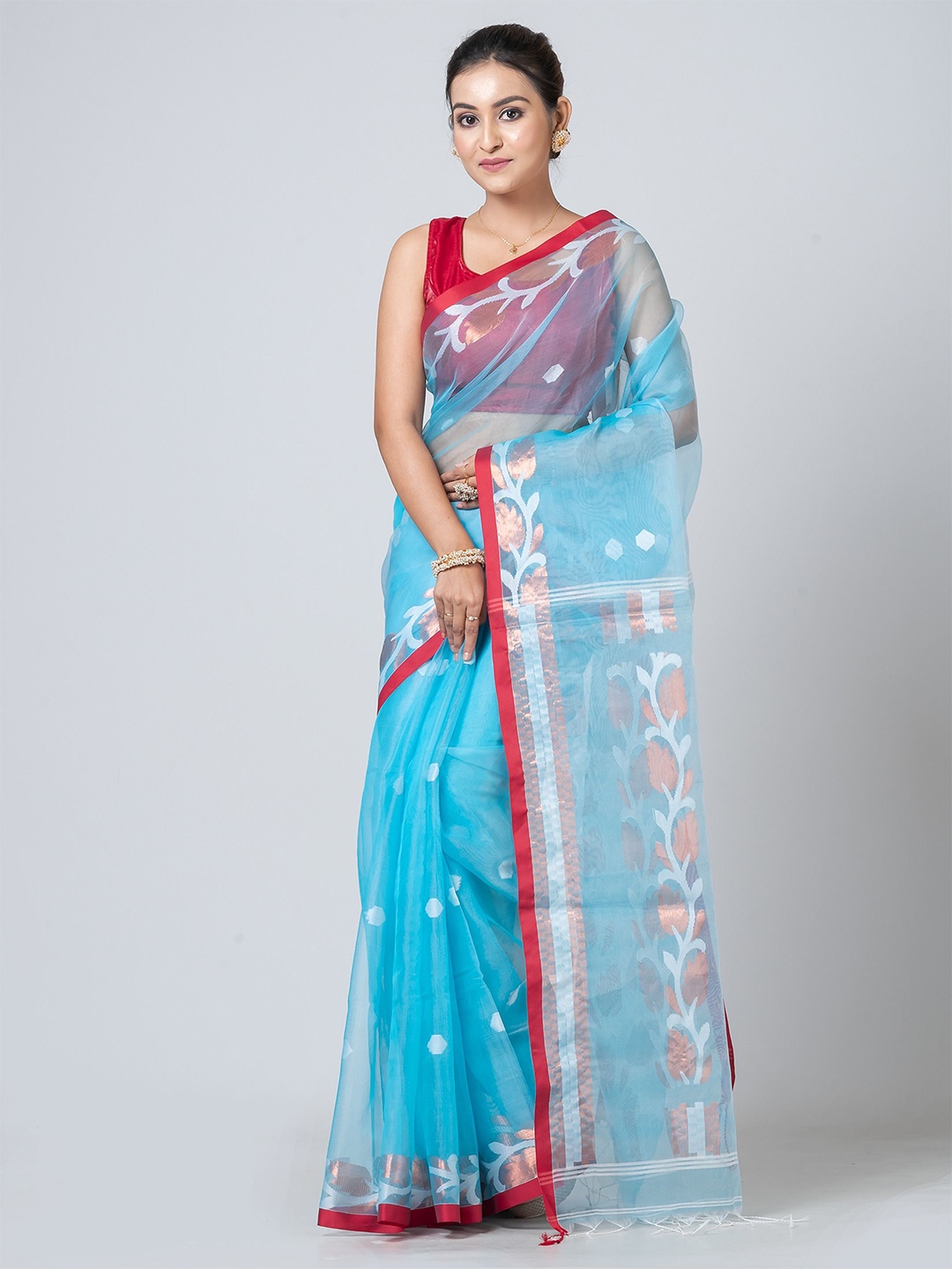 

PUKU Ethnic Motifs Woven Design Jamdani Saree, Sea green
