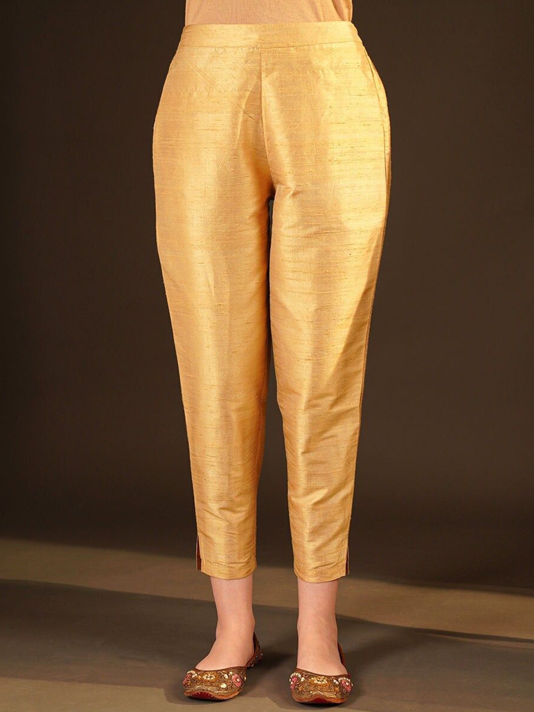 

JAYPORE Women Textured Straight Fit Trousers, Gold