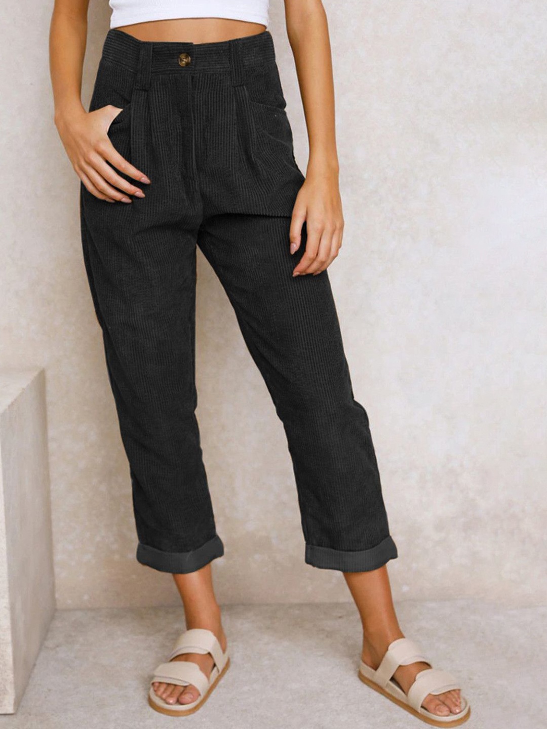 

StyleCast Women Regular Fit Mid-Rise Cigarette Trousers, Black
