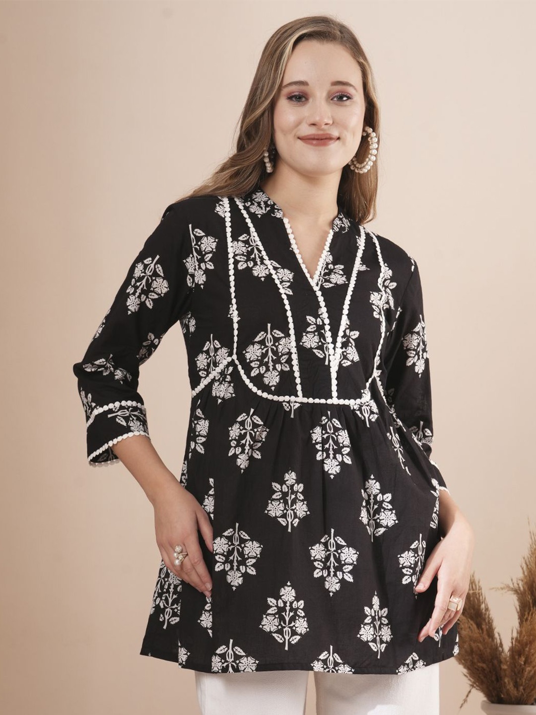 

FASHOR Women Ethnic Printed Mandarin Collar Cotton Tunic, Black