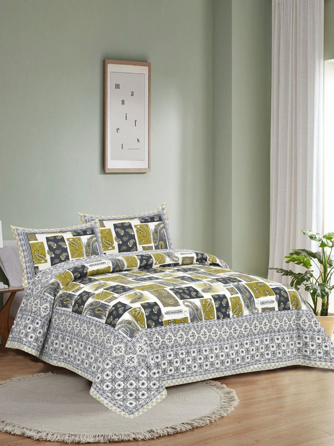 

HOMELINE Green & Grey Ethnic Motifs 180 TC King Bedsheet with 2 Pillow Covers