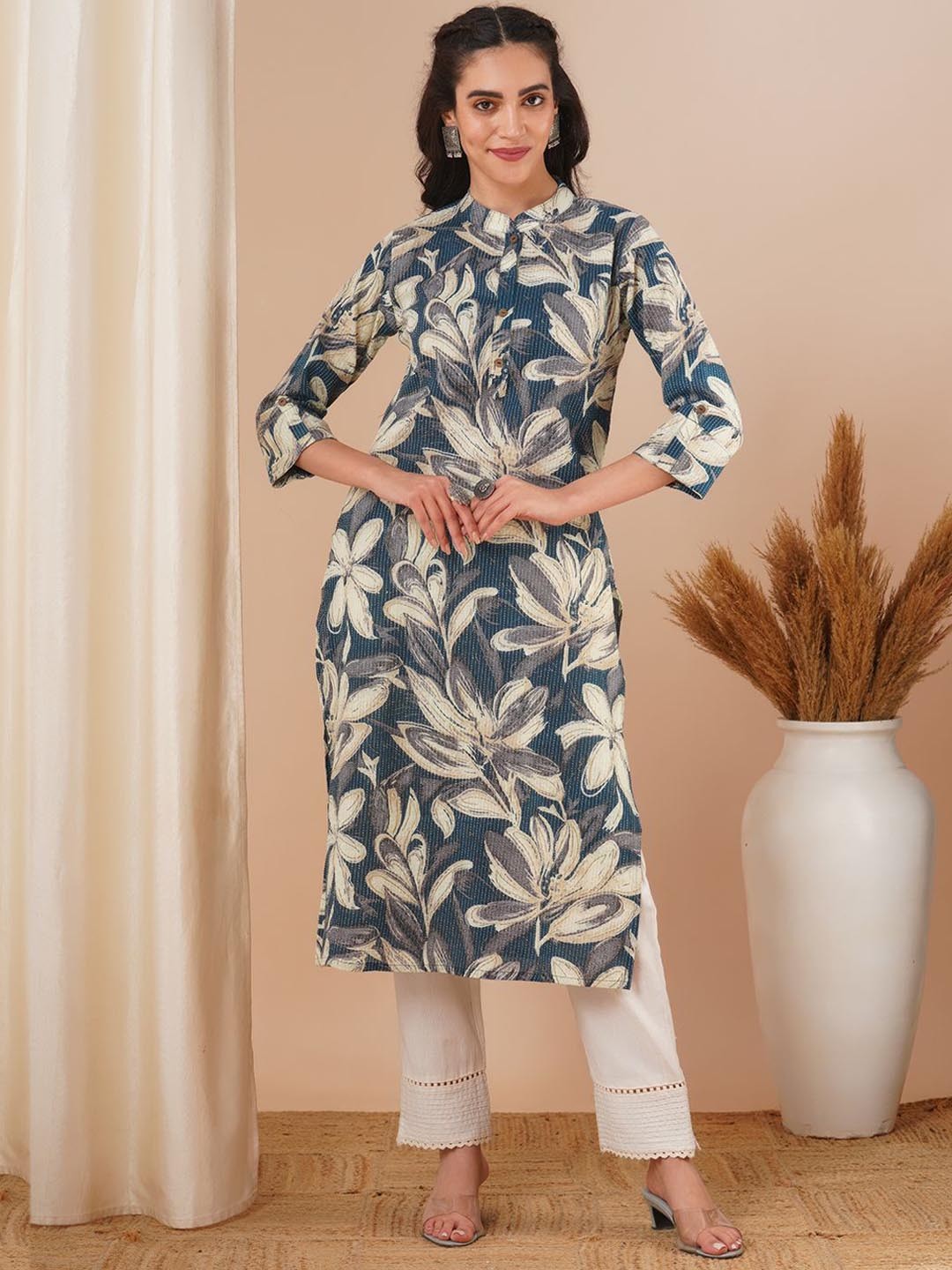

FASHOR Women Floral Printed Kurta, Sea green