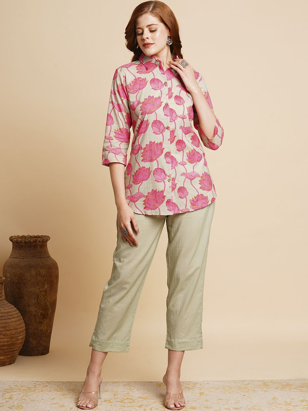 

FASHOR Green and Pink Printed Three-Quarter Sleeves Shirt with Trouser