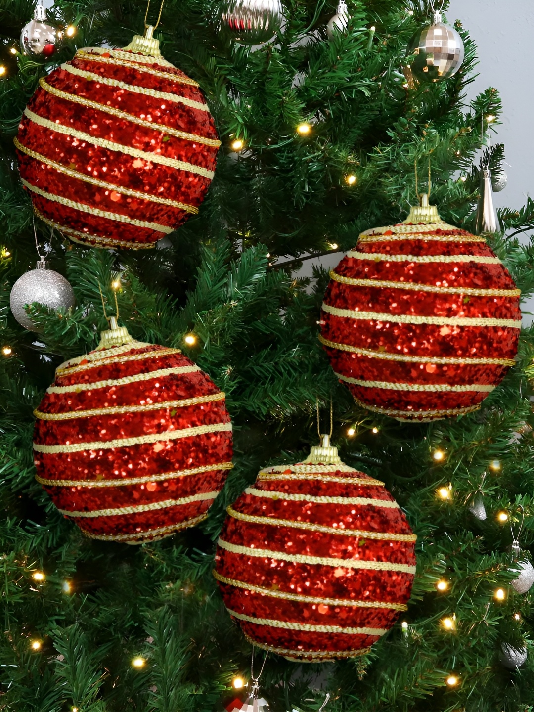 

TIED RIBBONS Red Set Of 4 Christmas Tree Decoration Balls